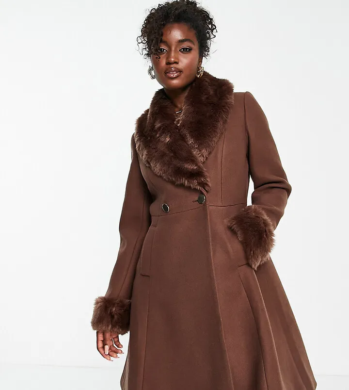 Ever New faux fur collar coat with cuffs in chocolate