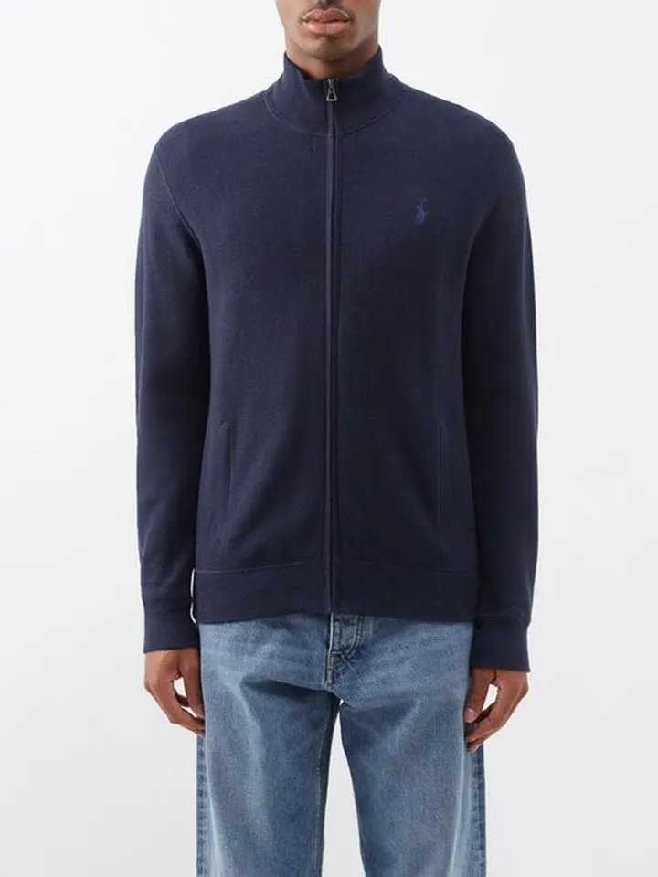 High-neck Zip-front Cotton-piqué Sweater
