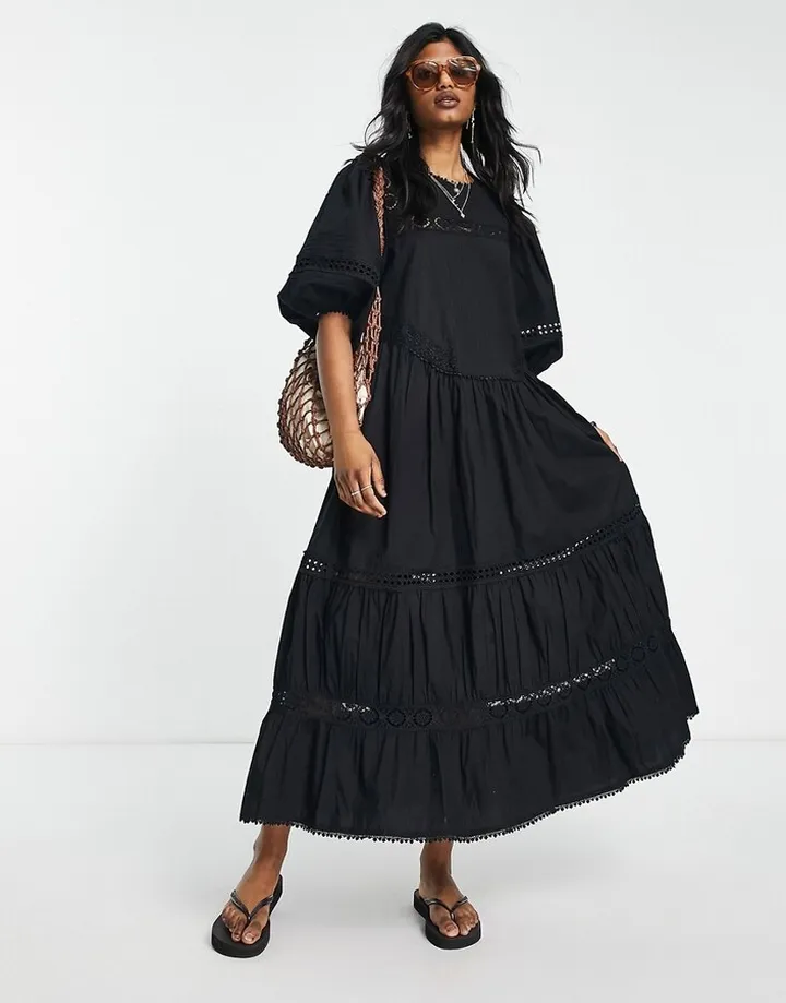 Topshop broderie oversized throw-on maxi dress in black