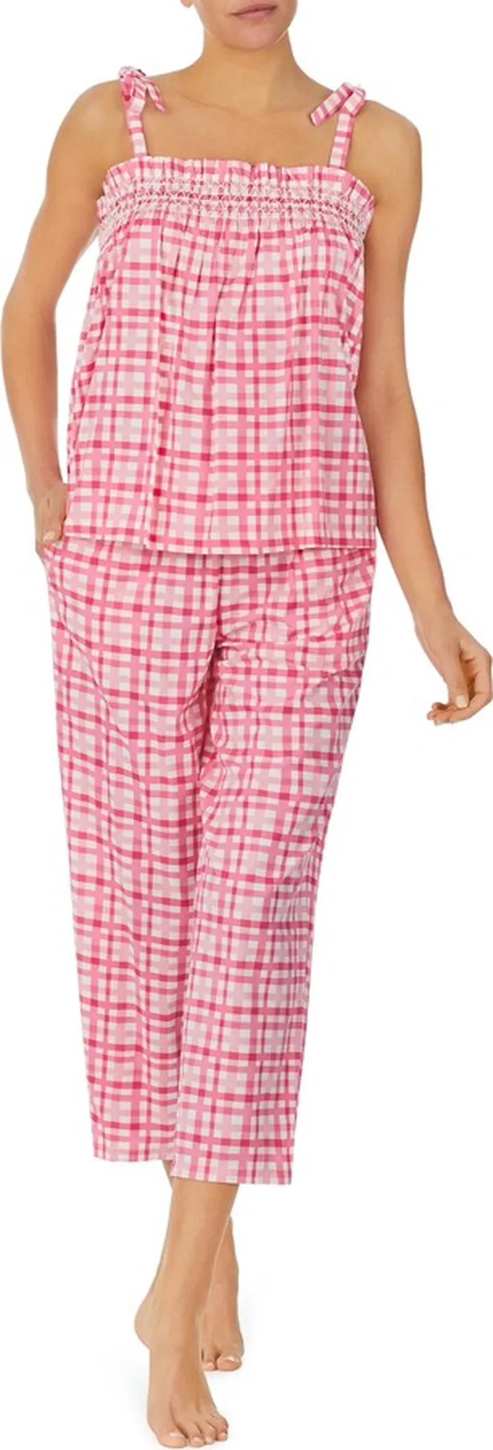 Plaid Smocked Crop Cotton Blend Pajamas