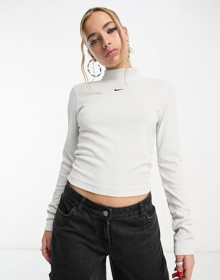 Nike Essential ribbed mock neck long sleeve t-shirt in gray