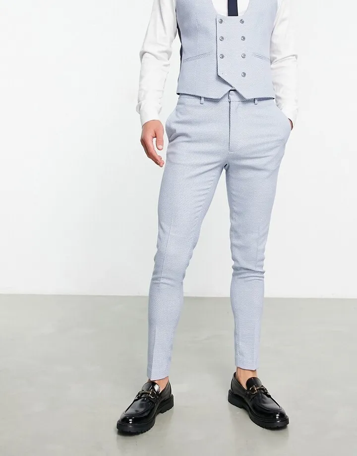 ASOS DESIGN wedding super skinny suit pants in birdseye texture in dusky blue