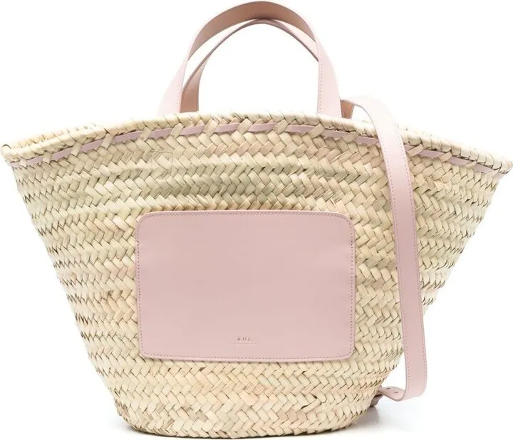 Woman's Zoe Woven Straw Beige And Pink Leather Shopper Bag