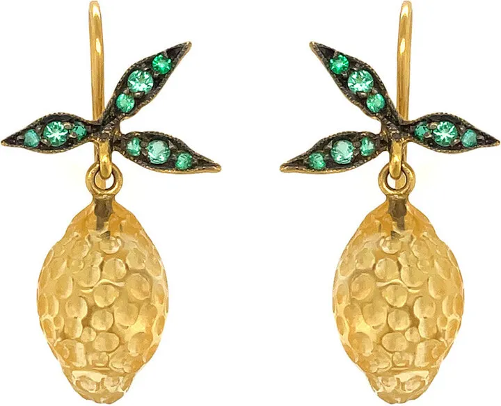 Citrine Lemons and Emerald Leaves Yellow Gold Drop Earrings