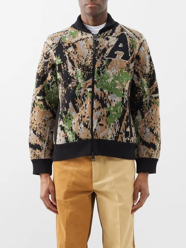Camo-jacquard Knitted Bomber Jacket