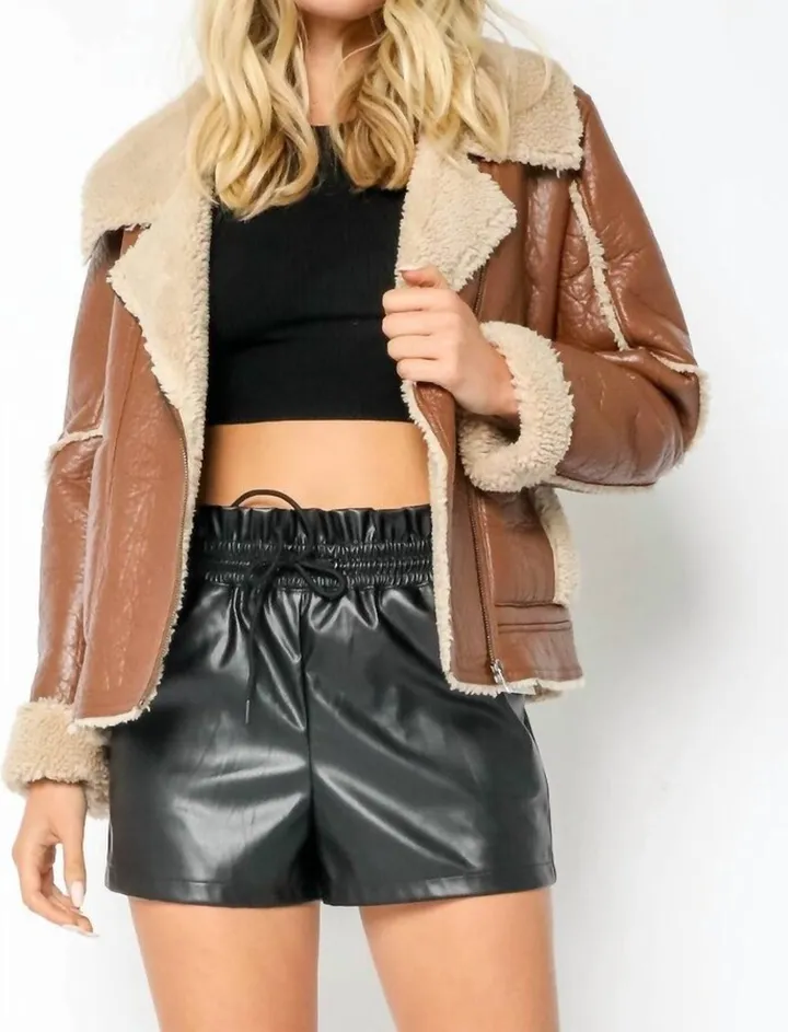 Faux Leather Shearling Coat in Brown