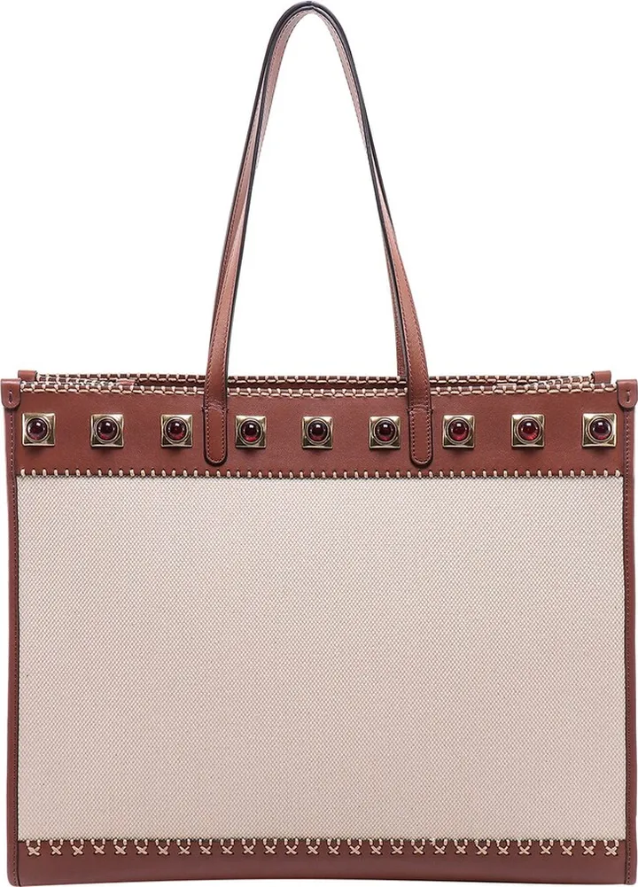 Canvas shoulder bag with iconic cabochon stones