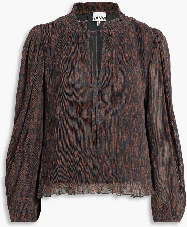 Floral-print plissé-chiffon blouse