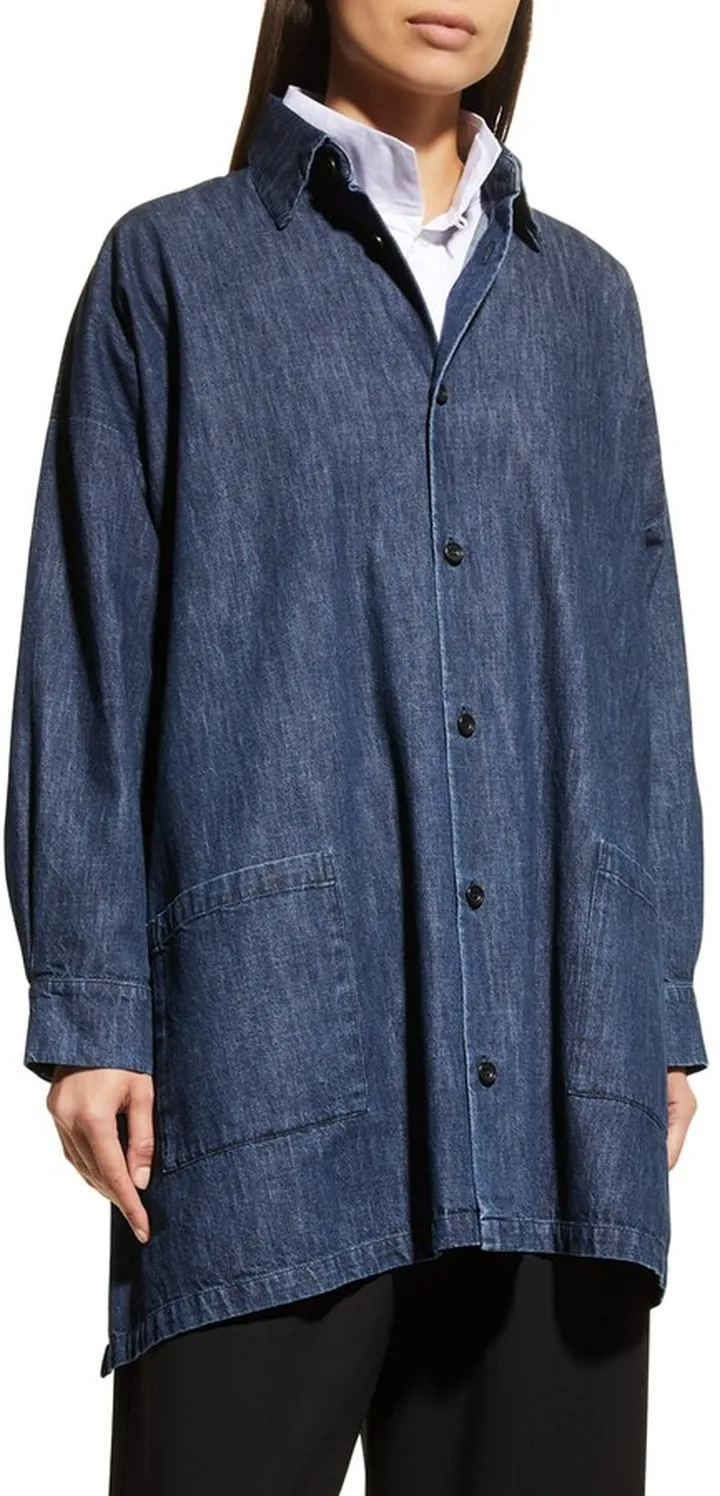 Wide A-Line Denim Shirt Jacket With Collar (Very Long Length)