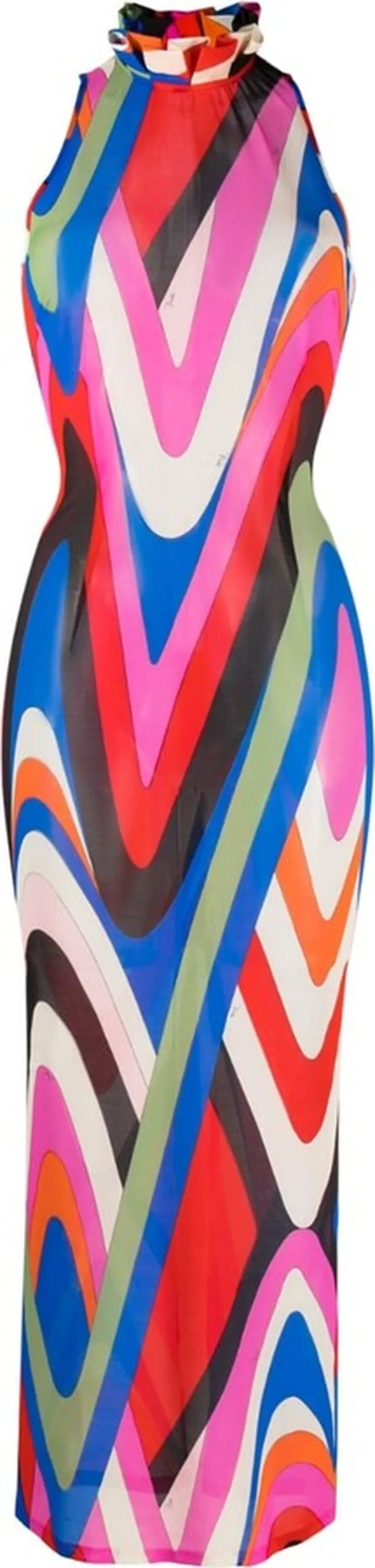 Moire-print mock-neck sleeveless dress