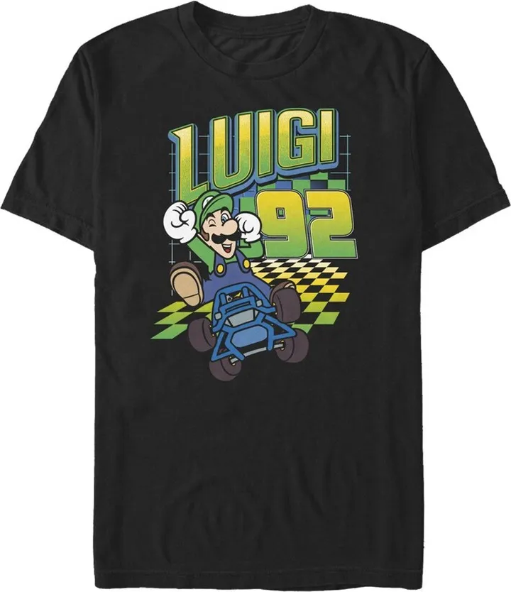 Men's Nintendo Mario Kart Luigi Neon Checkered 9Logo T-Shirt - Black - Medium