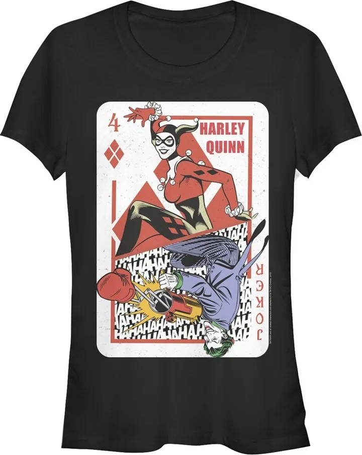 Junior's Batman Harley Quinn Joker Poker Card T-Shirt - Black - Small