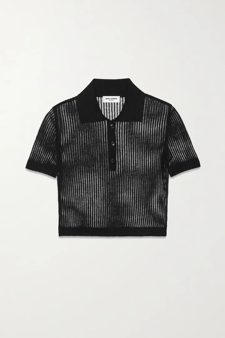 SAINT LAURENT - Cropped Open-knit Cotton And Silk-blend Polo Shirt - Black