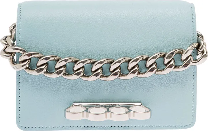 Mini Four Ring Light Blue Hammered Leather Crossbody Bag Alexander Mcqueen Woman