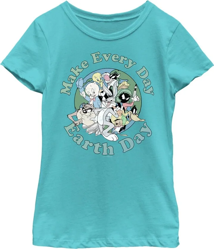 Girl's Looney Tunes Every Day Is Earth Day Gang T-Shirt - Tahiti Blue - Small