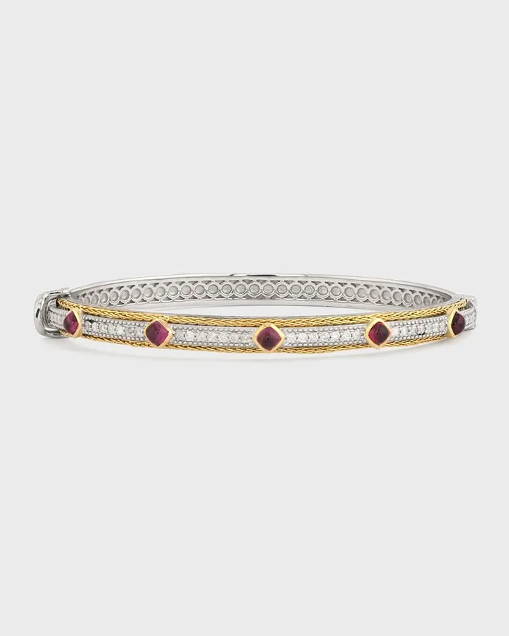 Mixed Metal Double Woven Rope Stone and Pave Diamond Bangle with Rhodolite Garnet