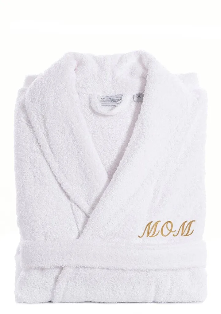 Embroidered 'Mom' White Terry Bathrobe