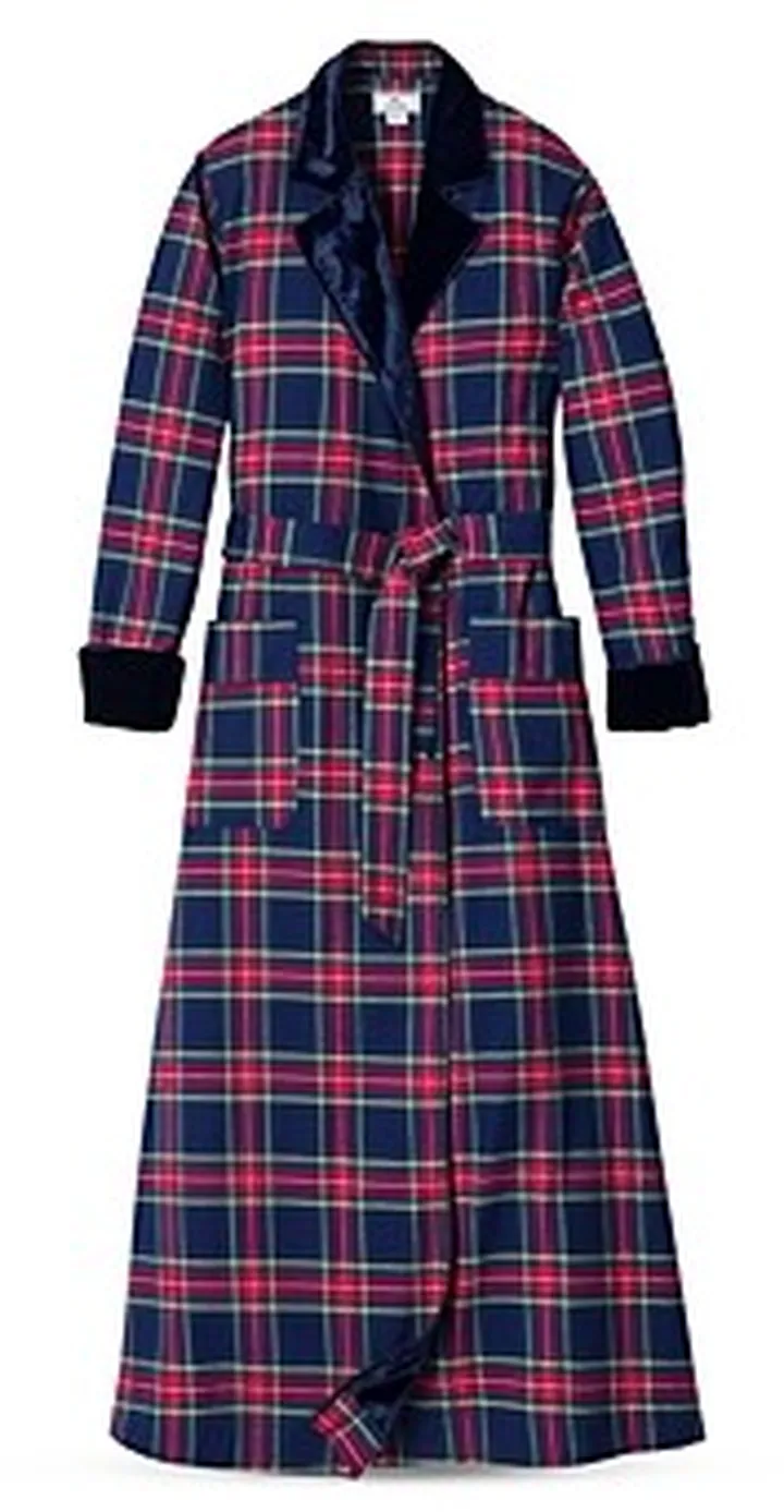 Petite Plume Velvet Trim Long Windsor Tartan Flannel Robe