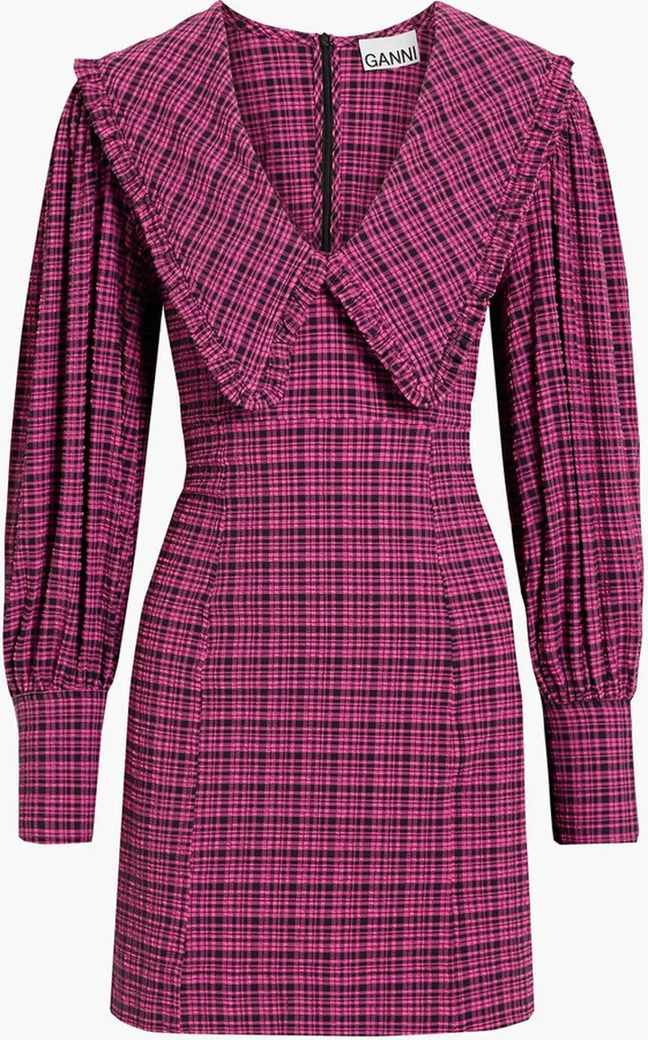 Ruffle-trimmed checked seersucker mini dress