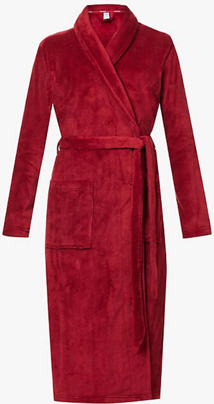 Womens Red Carpet Embroidered-logo Fluffy Woven Robe
