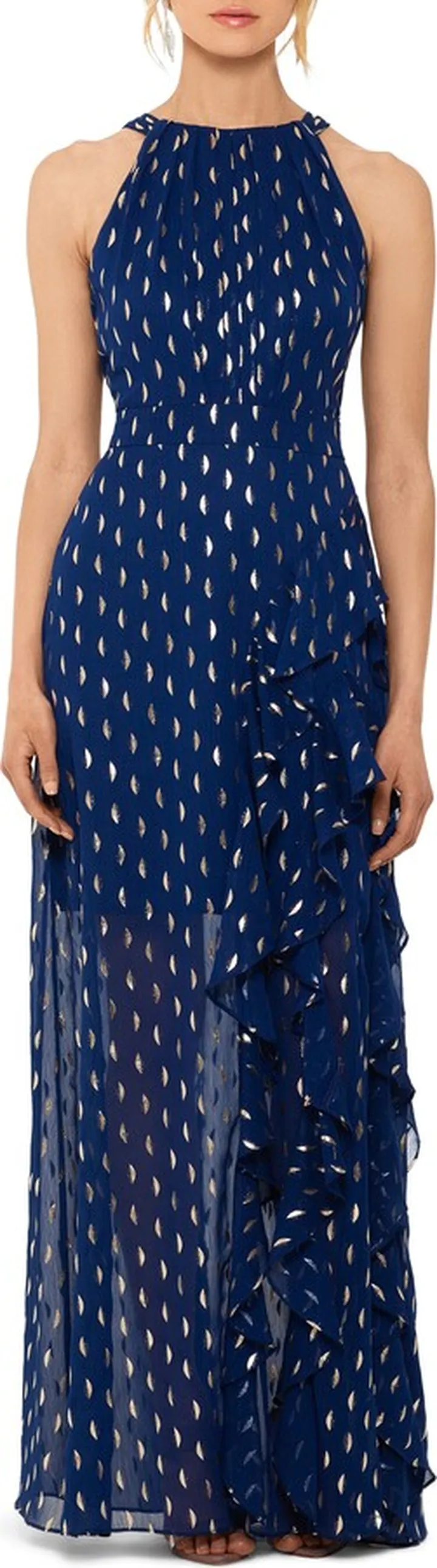 Metallic Clip Dot Ruffle Halter Neck Chiffon Gown