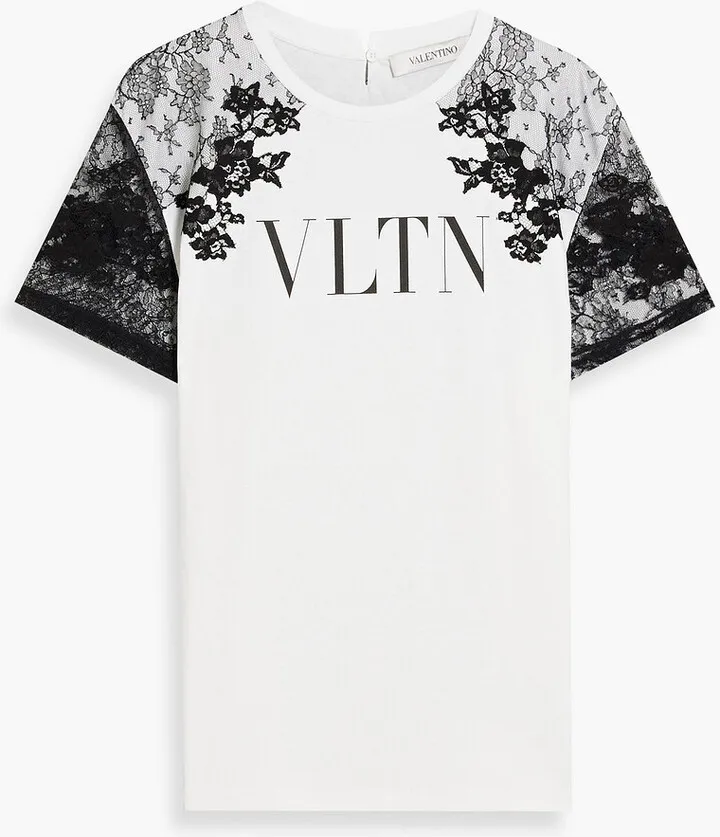 Lace-paneled printed cotton-jersey T-shirt