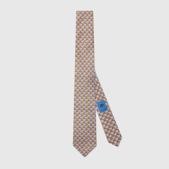 Round Interlocking G belts print silk tie