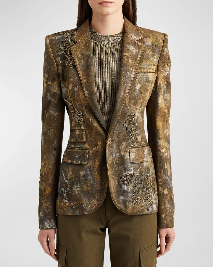 Calan Beaded Metallic Painted Denim Blazer