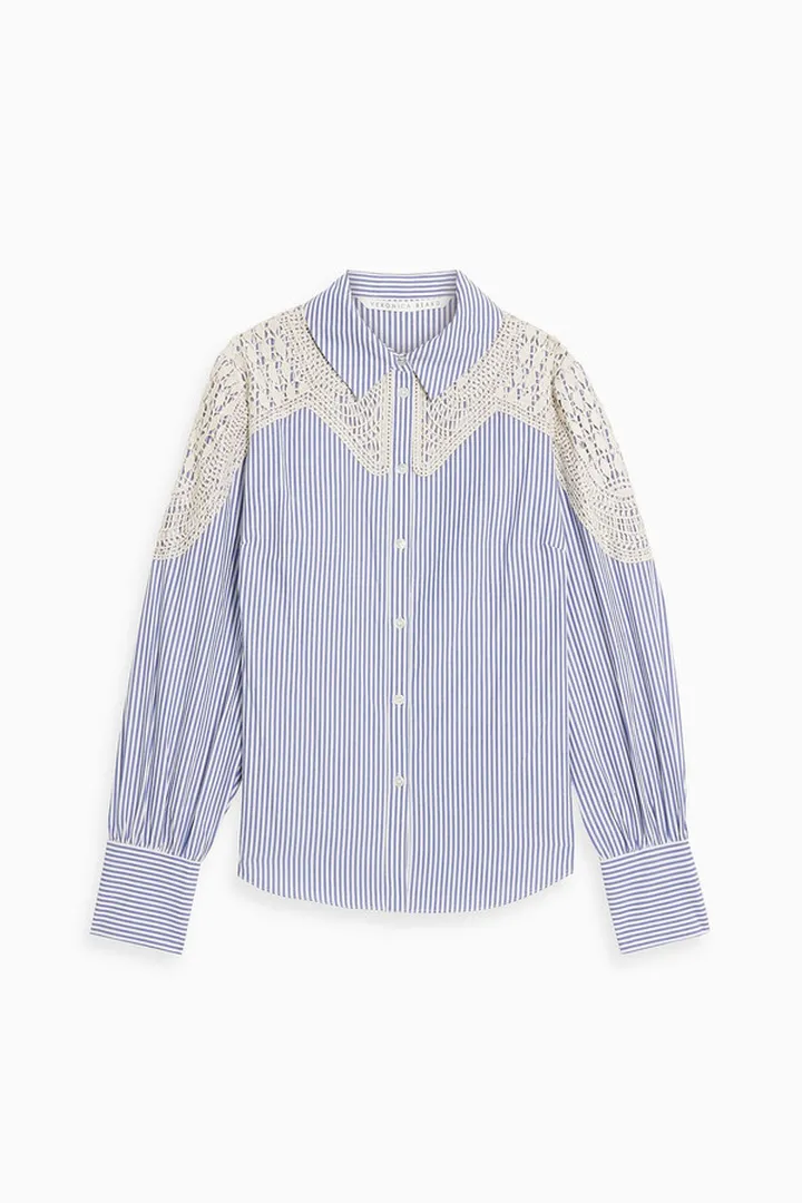 Crochet-paneled striped cotton-poplin shirt