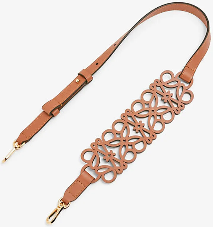 Womens Tan Anagram Cut-out Leather bag Strap