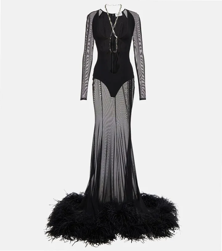 Feather-trimmed cutout gown
