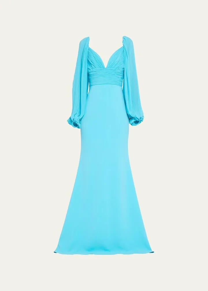 Pleated Blouson-Sleeve Sweetheart Gown