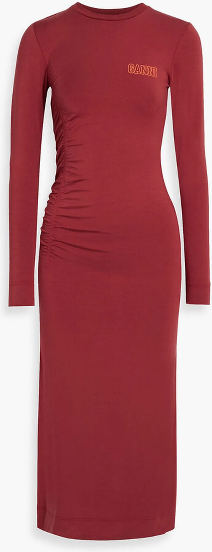 Ruched printed Lyocell-blend jersey midi dress