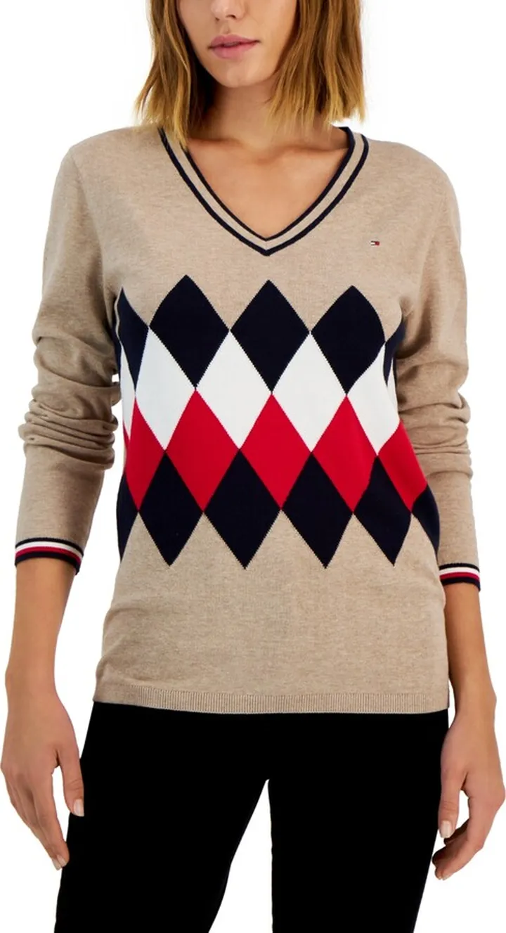 Tommy Hilfiger Women's Cotton Argyle V-Neck Sweater