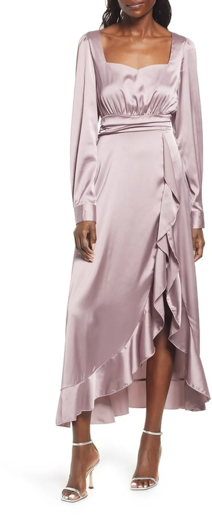 Ruffle Detail Long Sleeve Satin Gown