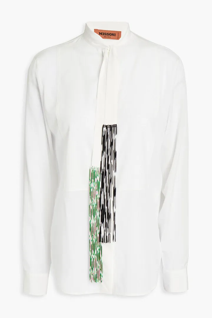 Tie-neck fringed stretch-silk shirt