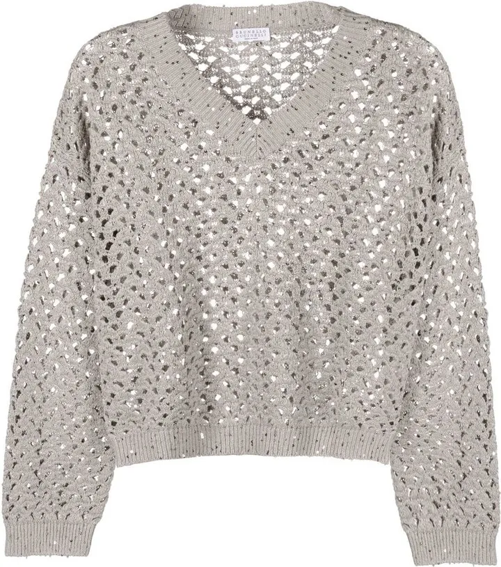 V-neck open-knit jumper