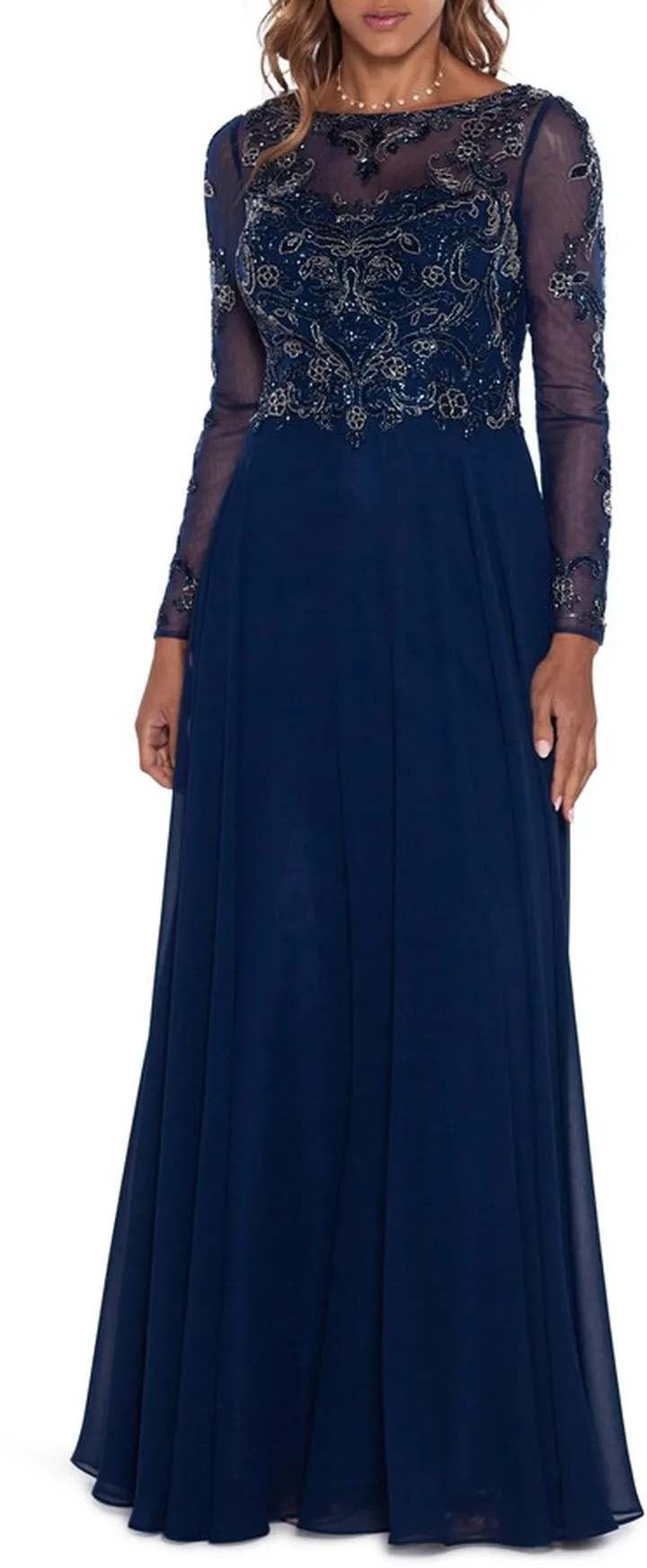 Embellished Long Sleeve Chiffon A-Line Gown