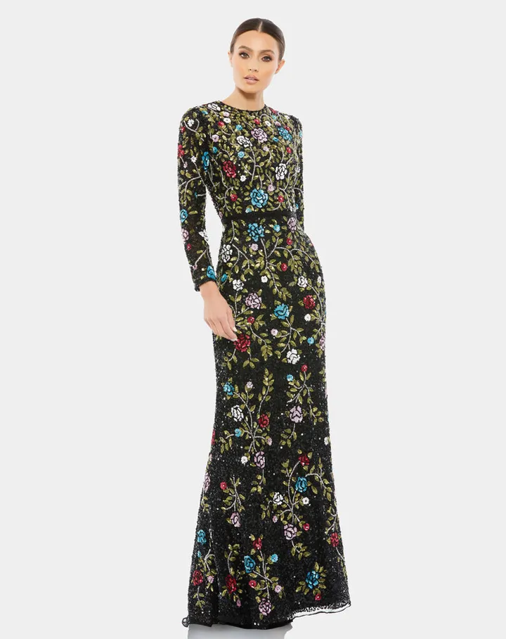 Floral Embellished Long Sleeve Gown