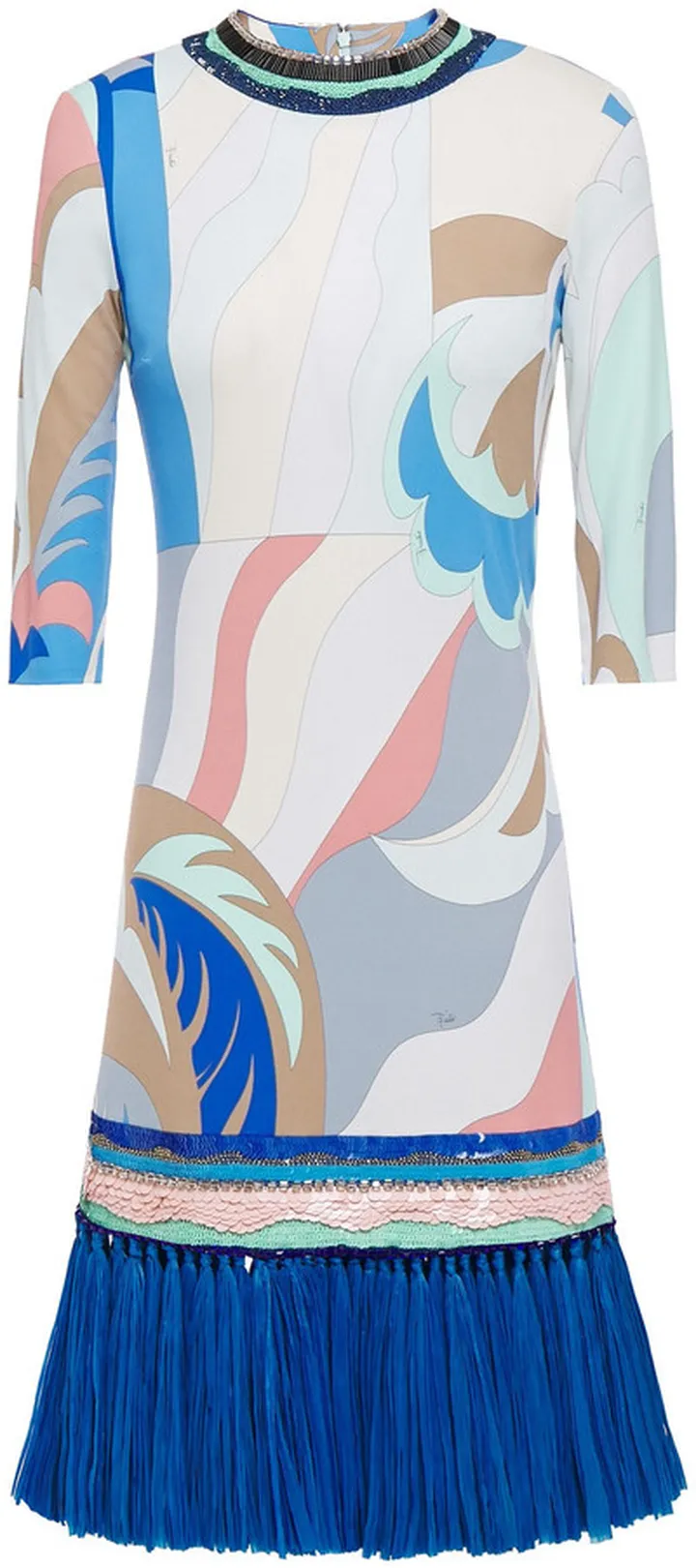 Faux raffia-trimmed embellished printed jersey mini dress