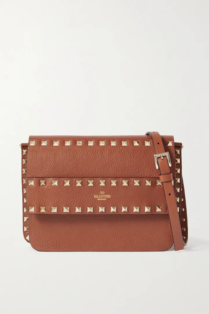 Valentino Garavani - Rockstud Textured-leather Shoulder Bag - Brown