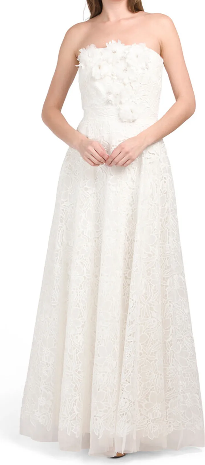 Strapless Lace Gown With Ruffle Detail
