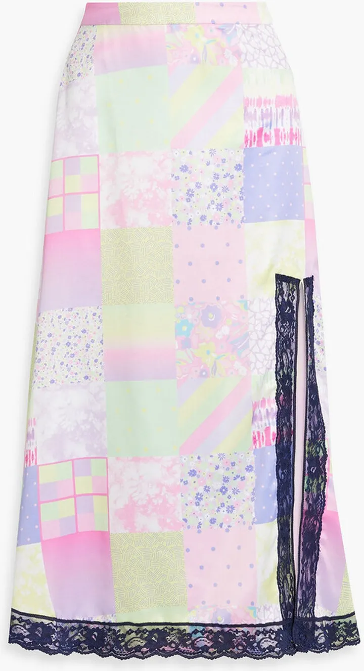 Adrianne patchwork-effect printed satin midi skirt