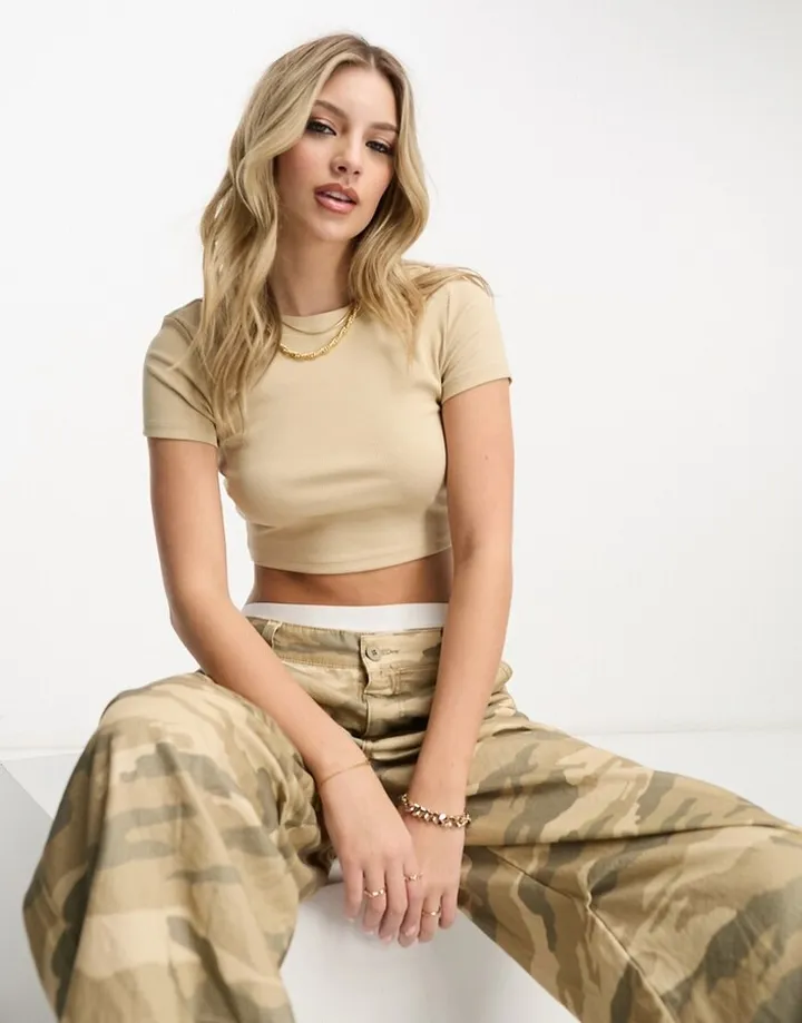 Monki ribbed shrunken baby T-shirt in beige