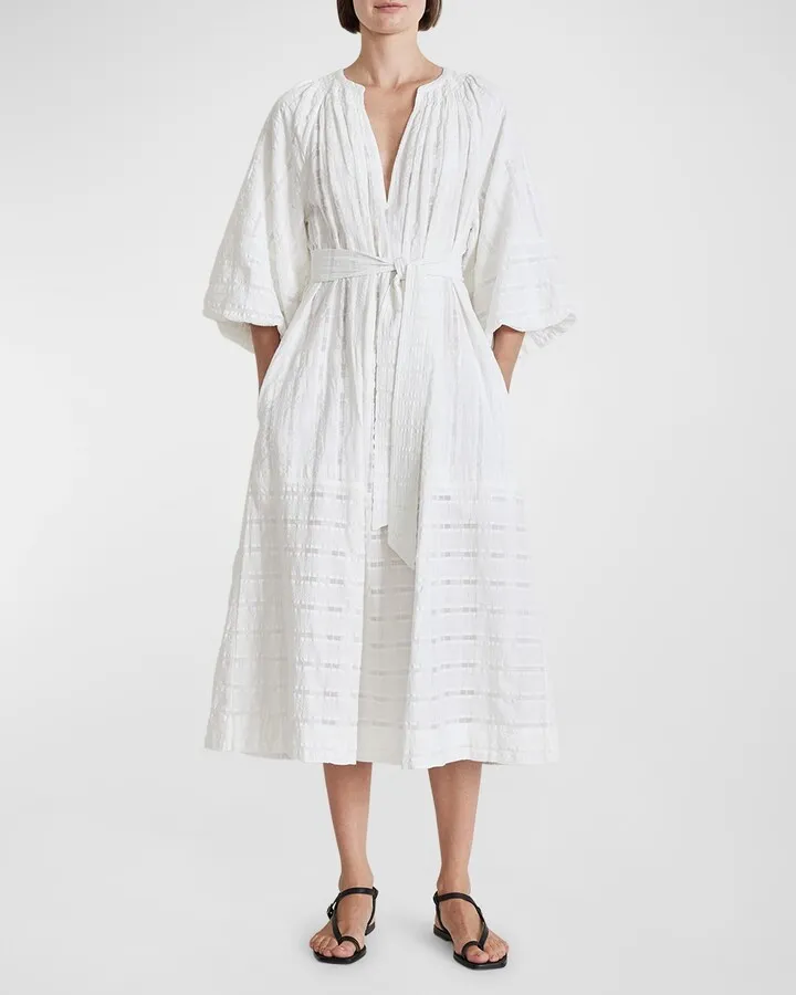 Sun Mesa Blouson-Sleeve Grid Midi Dress