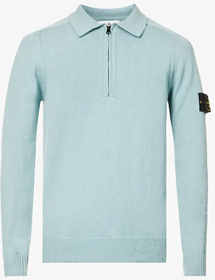 ens Sky Blue Brand-badge Quarter-zip Cotton-knit Jumper