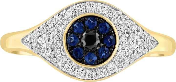 14K Yellow Gold Diamond & Sapphire Evil Eye Ring - 0.32 tcw - Size 7