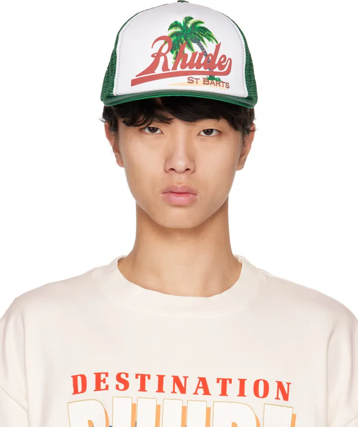 Rhude White & Green Palms Cap