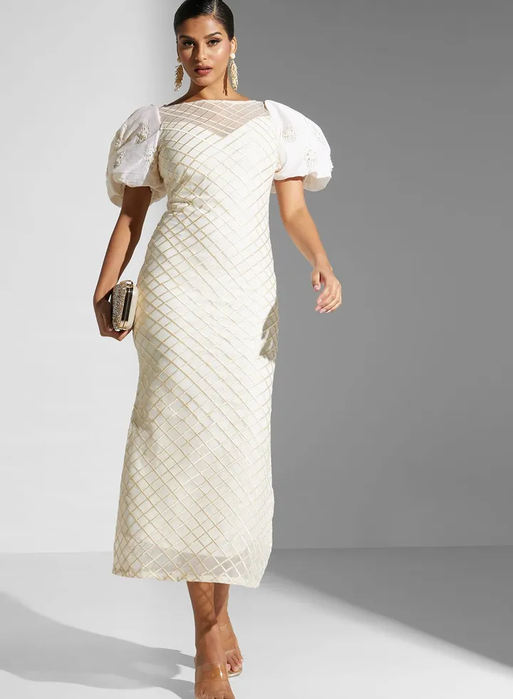Balloon Sleeve Boat Neck Dress