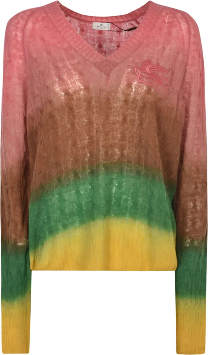 Stripe Patterned V-neck Embroidered Sweater